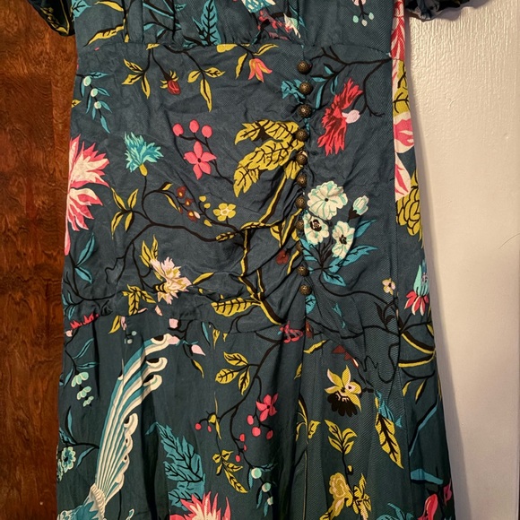Maeve Anthropologie Teal Silky Buttonfront Shirt Dress Green Multi Floral - Picture 8 of 14